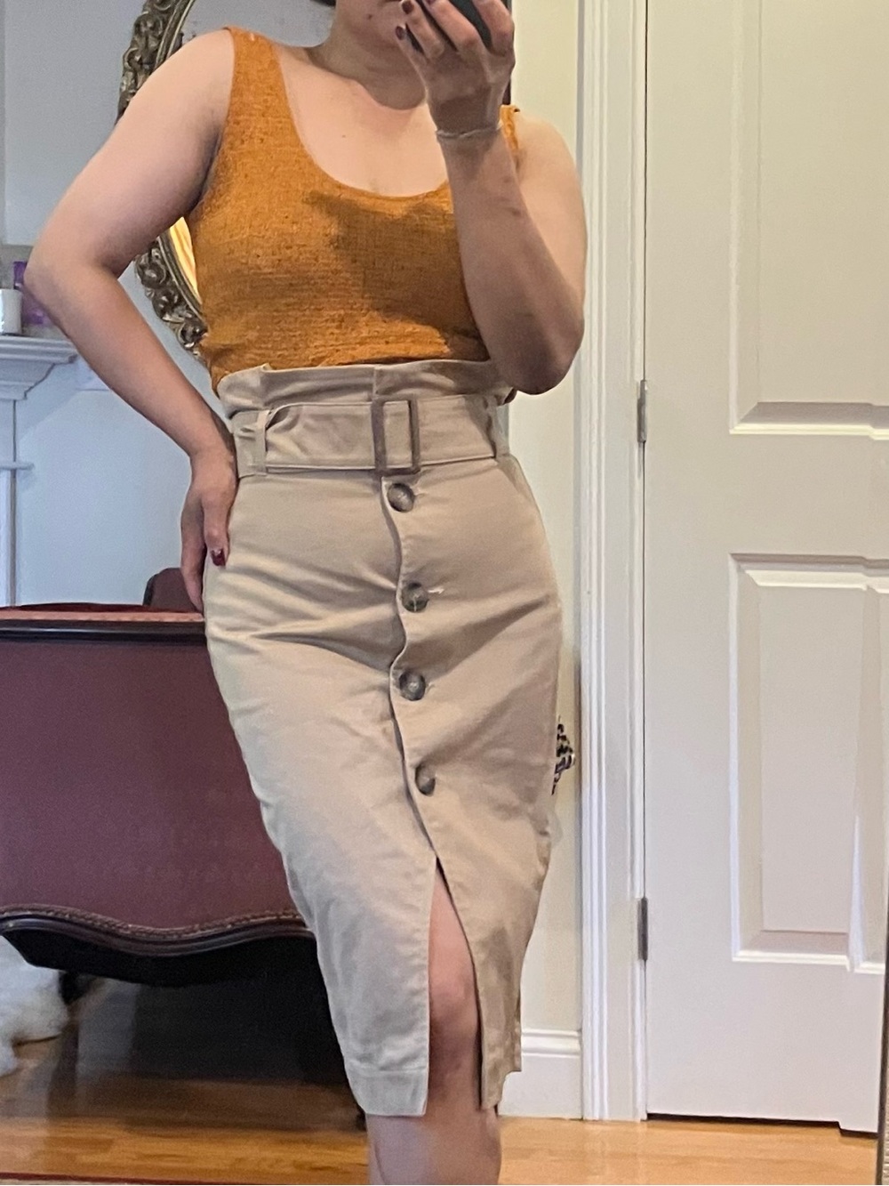 H&M Beige High-Waist Belted Button-Front Pencil Skirt